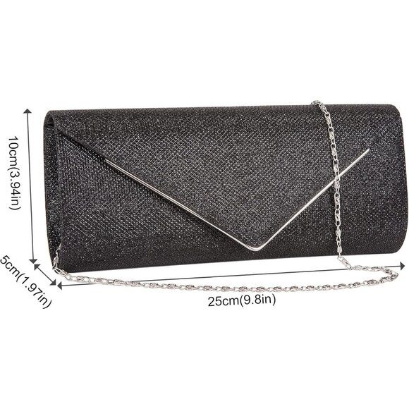 Women's Black Clutch Purses Sparkling Envelope Evening Bag with Detachable Chain - Picture 7 of 7